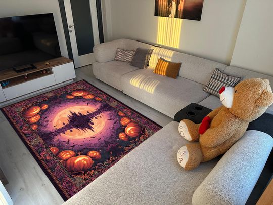 Gothic Halloween Castle Rug with Moon and Pumpkin Border for Fall Decor