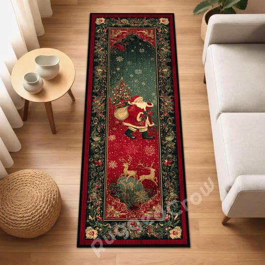 Vintage Christmas Runner Rug Santa and Reindeer Holiday Hallway Carpet