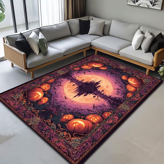 Gothic Halloween Castle Rug with Moon and Pumpkin Border for Fall Decor
