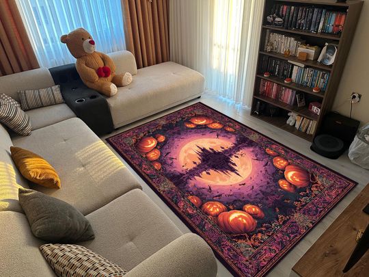 Gothic Halloween Castle Rug with Moon and Pumpkin Border for Fall Decor