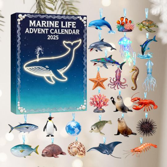 Marine Life 24 Acrylic Ornaments Advent Calendar 2025,Sea Creature Christmas Countdown Gift for Nature Lovers, Ocean Animal Figurine Set