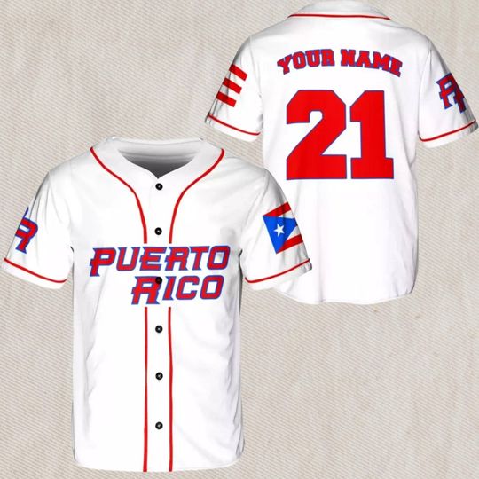 Puerto Rico Baseball Jersey Custom Name & Number  White Button Up with Red Trim, PR Flag Sleeves