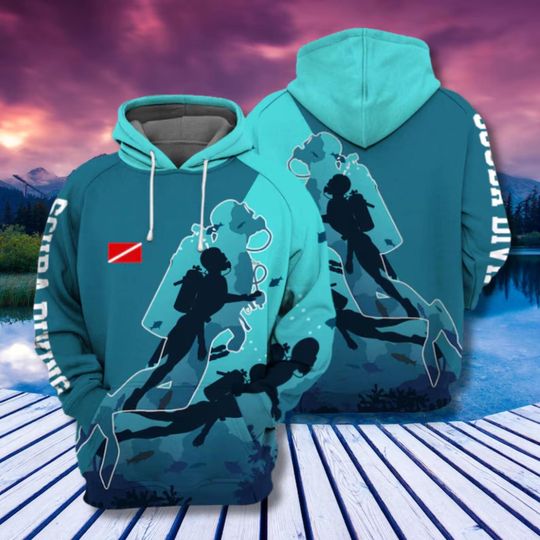 3D Scuba Diving Hoodie Ocean Diver Teal Unisex Pullover