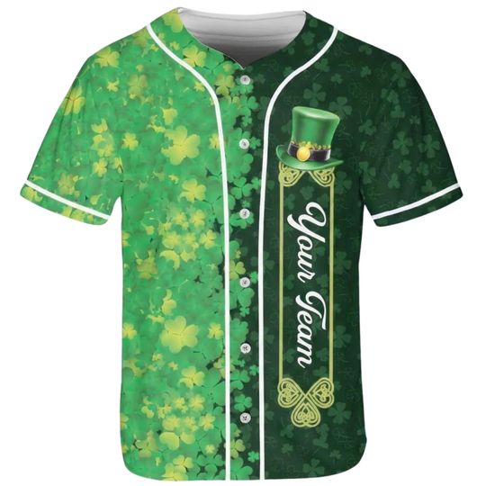Custom St Patricks Day Baseball Jersey Shirt, Green Shamrock Button Up, Personalized Name & Number, Irish Team Spirit Gift, for Men Women