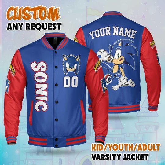 Custom Sonic Varsity Jacket, Personalized Sonic the Hedgehog Baseball Jacket, Kids Youth Adult Varsity Jacket
