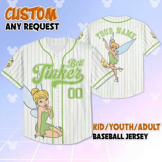 Personalized Tinker Bell Baseball Jersey, Custom Disney Tinker Bell Baseball Shirt