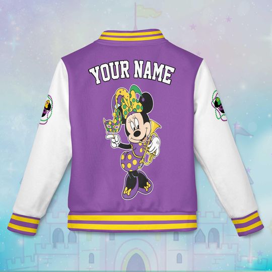 Personalized Minnie Mouse Mardi Gras  Varsity Jacket, Custom Mickey and Friends Baseball Jacket, Lucky Gift