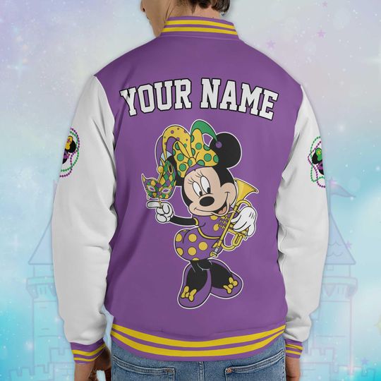 Personalized Minnie Mouse Mardi Gras  Varsity Jacket, Custom Mickey and Friends Baseball Jacket, Lucky Gift
