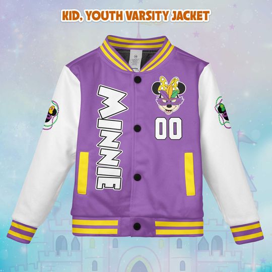 Personalized Minnie Mouse Mardi Gras  Varsity Jacket, Custom Mickey and Friends Baseball Jacket, Lucky Gift