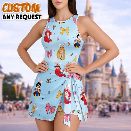 Disney Princess Bunny Tennis Dress Skirt, Disney Girls Trip Summer Skater Dress, Rapunzel, Belle, Cinde Tennis Dress Skirt For Women