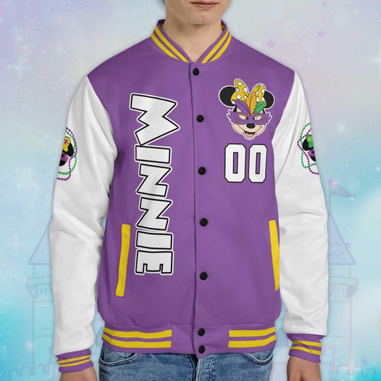 Personalized Minnie Mouse Mardi Gras  Varsity Jacket, Custom Mickey and Friends Baseball Jacket, Lucky Gift