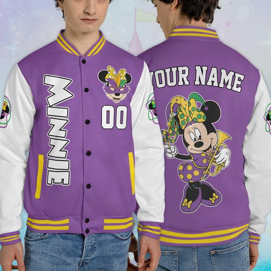 Personalized Minnie Mouse Mardi Gras  Varsity Jacket, Custom Mickey and Friends Baseball Jacket, Lucky Gift