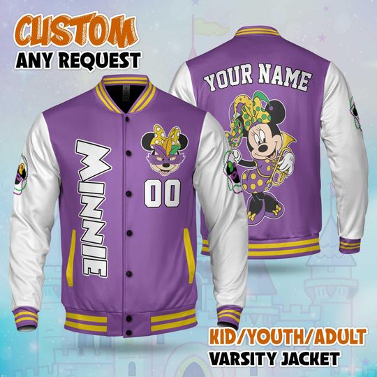 Personalized Minnie Mouse Mardi Gras  Varsity Jacket, Custom Mickey and Friends Baseball Jacket, Lucky Gift