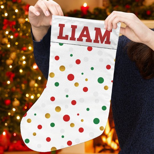 Personalized Christmas Stocking: White Polka Dot Fireplace Decoration with Name
