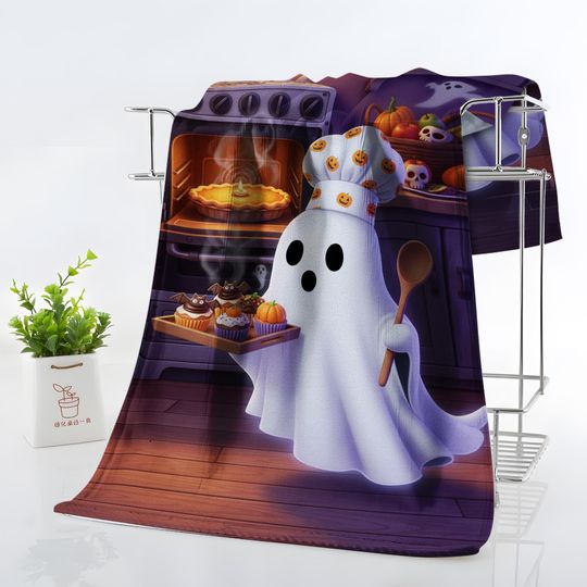 Halloween Ghost Baker Towel | Spooky Pumpkin Ghost Pie & Cupcakes Kitchen Decor