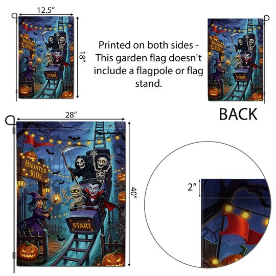 Haunted Ride Halloween Garden Flag  Spooky Rollercoaster with Witch, Vampire