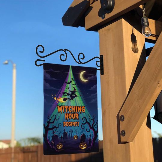 Witching Hour Begins Garden Flag  Halloween Witch Yard Banner Spooky Graveyard