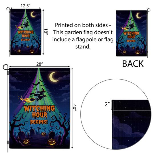 Witching Hour Begins Garden Flag  Halloween Witch Yard Banner Spooky Graveyard