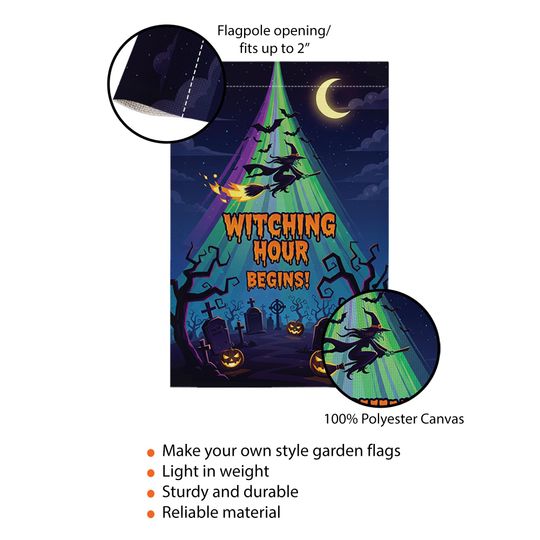 Witching Hour Begins Garden Flag  Halloween Witch Yard Banner Spooky Graveyard