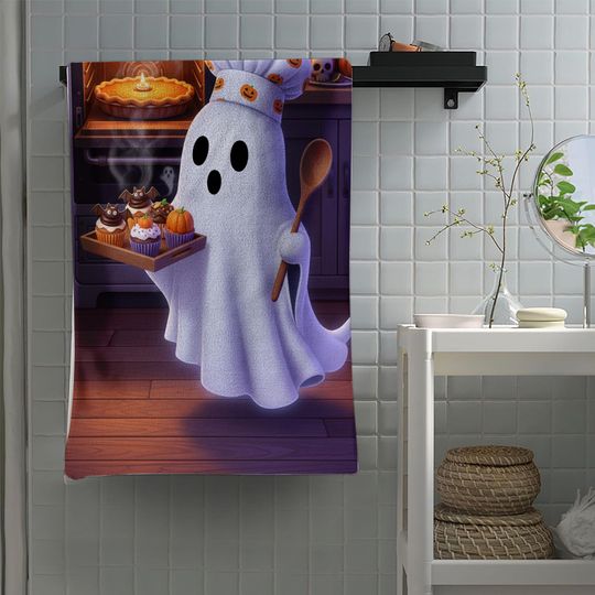 Halloween Ghost Baker Towel | Spooky Pumpkin Ghost Pie & Cupcakes Kitchen Decor
