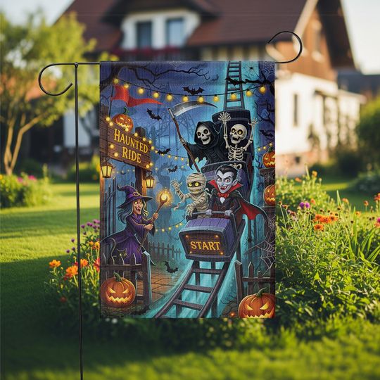 Haunted Ride Halloween Garden Flag  Spooky Rollercoaster with Witch, Vampire