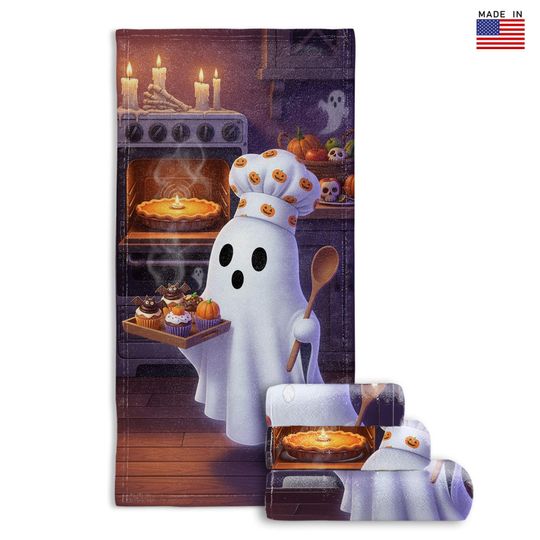 Halloween Ghost Baker Towel | Spooky Pumpkin Ghost Pie & Cupcakes Kitchen Decor