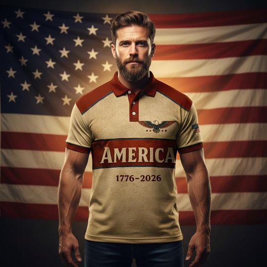 America 1776-2026 Patriotic Polo, Vintage USA Anniversary Shirt, American Eagle Polo, Retro America Pride Shirt