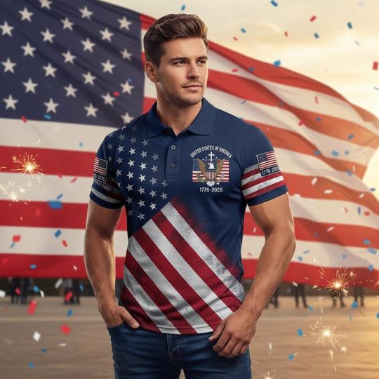 250TH Years Flag Polo Shirt, USA 1776-2026 Patriotic Polo, United States of America Eagle Shirt, American Polo, Independence Anniversary