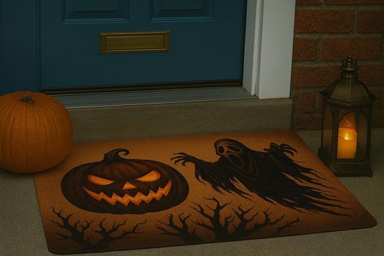 Spooky Ghost & Pumpkin Doormat | Polyester Entrance Rug