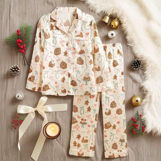 Gingerbread House Christmas Pajama Set for Women, Long Sleeve Holiday PJs, Cute Candy Print Sleepwear Gift, Festive Loungewear