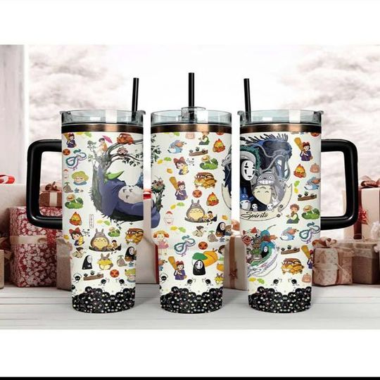 Studio Ghibli Characters 40oz Tumbler, Totoro No Face Spirited Away Anime 40oz Cup, Cute Cartoon Collage Travel Mug