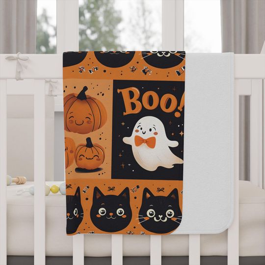 Halloween Toddler Blanket: Ghost, Cat & Pumpkin Fleece Throw