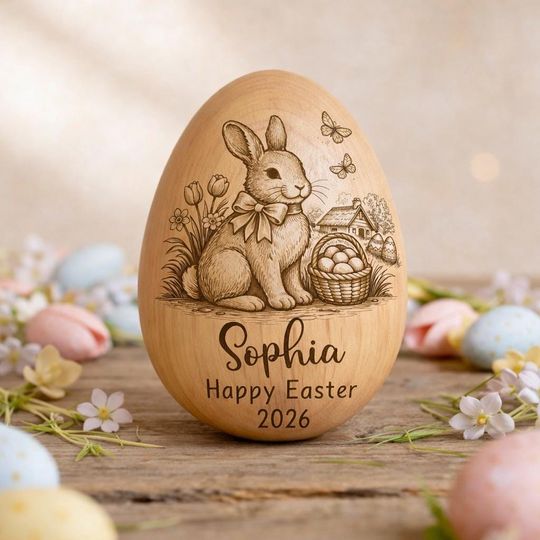 Personalized Wooden Easter Egg Bunny  Custom Name Engraved Easter Egg  Fillable Easter Basket Stuffer  Baby First Easter Keepsake