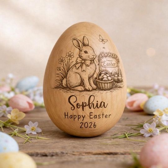 Personalized Wooden Easter Egg Bunny  Custom Name Engraved Easter Egg  Fillable Easter Basket Stuffer  Baby First Easter Keepsake