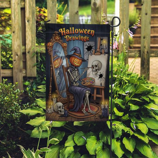 Halloween Artist Garden Flag - Pumpkin Skeleton Drawing Skull Art