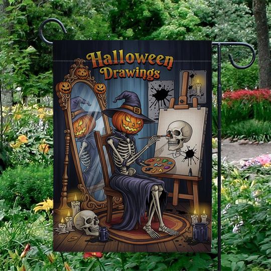 Halloween Artist Garden Flag - Pumpkin Skeleton Drawing Skull Art