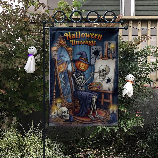 Halloween Artist Garden Flag - Pumpkin Skeleton Drawing Skull Art