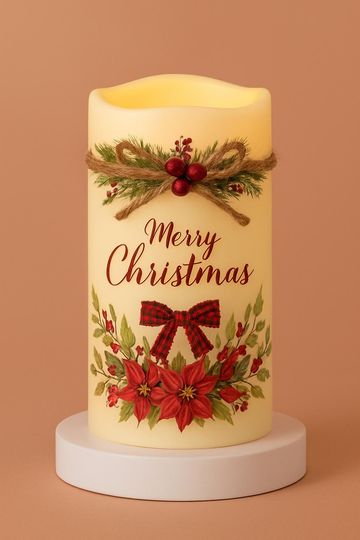 Merry Christmas LED Candle: Pinecones, Poinsettias & Plaid Bow