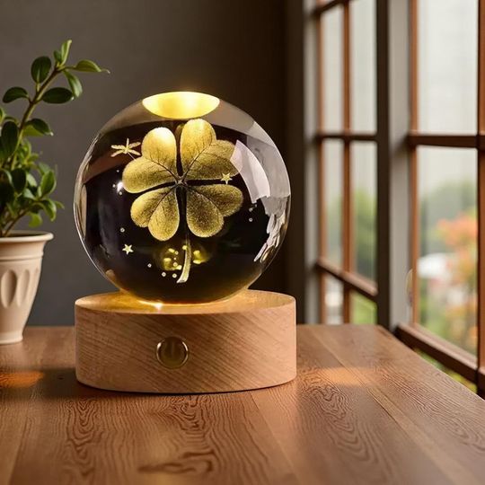 Engraved Crystal Ball Night Lights: Clover  - Romantic Decor