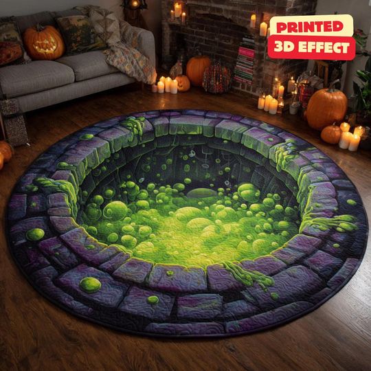Halloween Witch Cauldron 3D Effect Printed Rug, Round Mat, Clown Welcome Indoor Decor