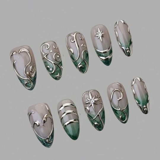 Luxury 3D Silver Frame Press On Nails | Emerald Green Ombre | Celestial Star & Swirl Design | Elegant Metallic Fake Nails