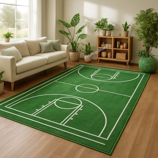 Handmade Wool Tufted Basketball Court Rug: Sports Kids Decor