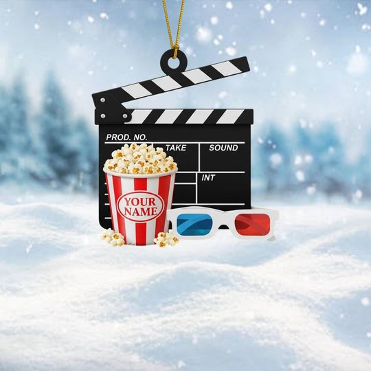 Personalized Film Clapboard Ornament, Film Clapper Ornament, Movie Clapperboard, Movie Tickets And Popcorn Ornament, Popcorn Ornament