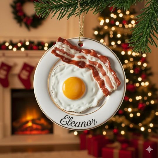 Personalized Bacon and Egg 2D Flat Ornament, Custom Name Breakfast Food Christmas Tree Decor, Chefs and Brunch Lovers, Funny Foodie Gift
