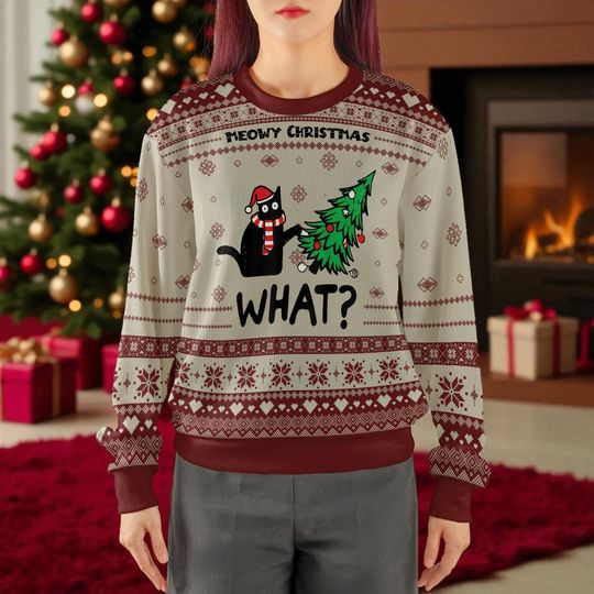Meowy Christmas Funny Cat Ugly Sweater, Merry Catmas Tree Destroyer Pullover, Cute Holiday Cat Lover Shirt Gift