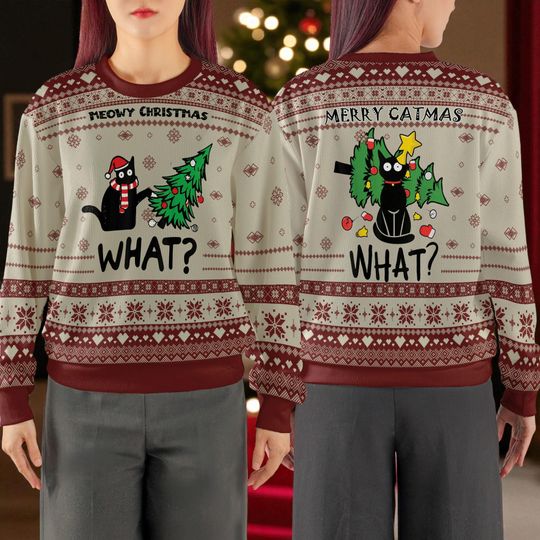 Meowy Christmas Funny Cat Ugly Sweater, Merry Catmas Tree Destroyer Pullover, Cute Holiday Cat Lover Shirt Gift