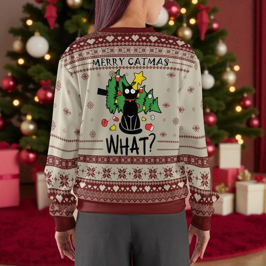 Meowy Christmas Funny Cat Ugly Sweater, Merry Catmas Tree Destroyer Pullover, Cute Holiday Cat Lover Shirt Gift