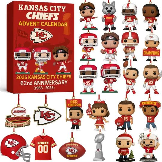 Kansas City Chiefs 66th Anniversary Advent Calendar 2025 | 24 Days of Chiefs Kingdom & Super Bowl Ornaments | KC Fan Gift Set