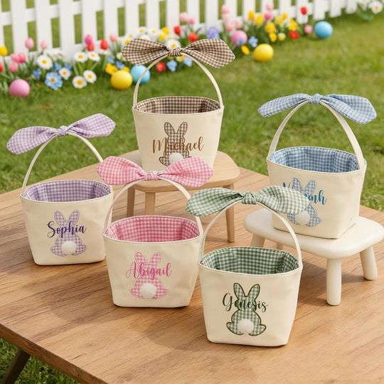 Personalized Easter Basket with Name, Embridered Egg Hunt Basket, Custom Handmade Bunny Basket, Monogrammed Easter Bag, Baby Shower Gifts