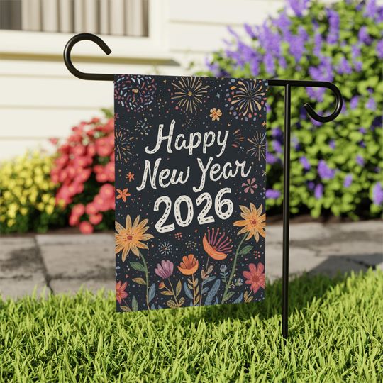 Happy New Year 2026 Garden Flag, Floral Fireworks Flag